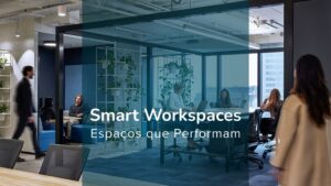 Escrit&oacute;rio moderno, com detalhes azul TOPMIND. Pessoas trabalhando de forma organizada e eficiente com trajes elegantes. Plano principal o tema da campanha: "Smart Workspaces: Espa&ccedil;os que performam".