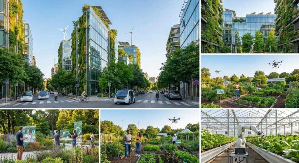 Cenários urbanos retratando o uso de tenoclogia e inovação que são tendências para 2026, a visão da TOPMIND como será as cidades e grandes centros urbanos em breve.