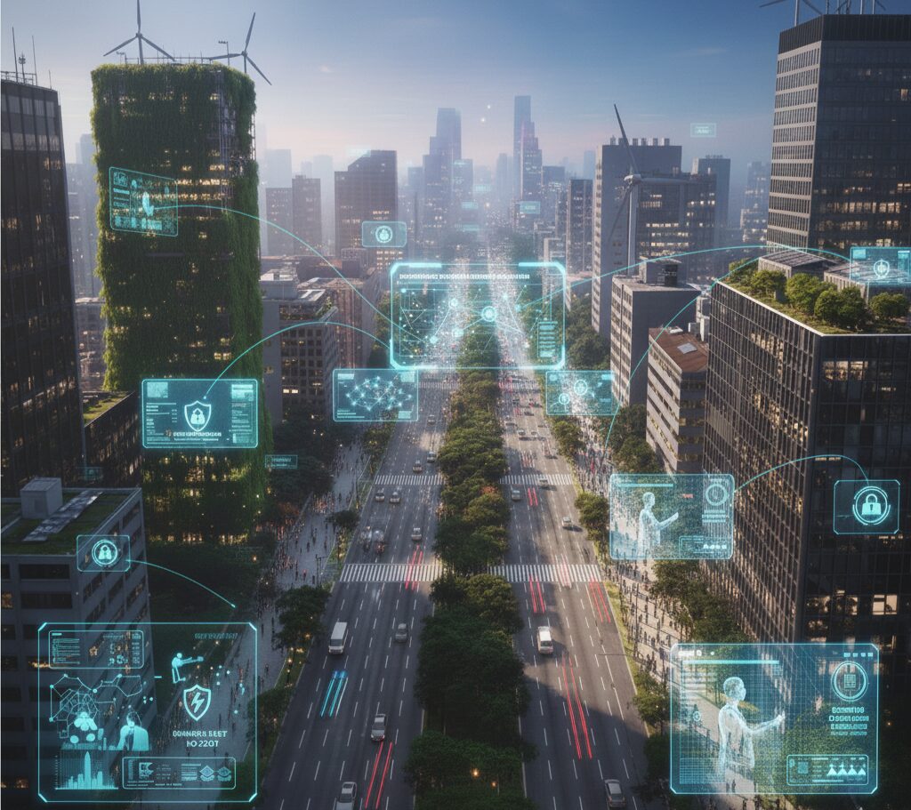 Figura de centro urbano nos dias atuais, onde é demonstrado a utilização de tecnologias e tendências, inovação e tansformação digital, que são tendências para 2026.