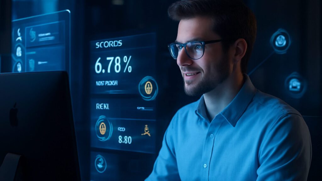 Profissional sorrindo em frente ao computador com elementos holográficos de gameficação ao redor, exibindo medalhas, porcentagens de score (6.78%) e módulos de recompensa.