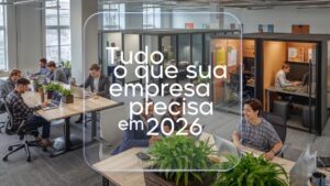 Ambiente corporativo moderno com equipes trabalhando, representando inova&ccedil;&atilde;o, tecnologia, colabora&ccedil;&atilde;o e solu&ccedil;&otilde;es estrat&eacute;gicas para empresas preparadas para 2026.