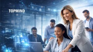 Profissional analisando dashboard digital com inteligência artificial e analytics avançado, representando uso estratégico de dados e automação no ambiente corporativo.