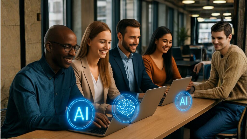 Profissionais trabalhando em equipe utilizando inteligência artificial em notebooks dentro de um ambiente corporativo moderno, representando o futuro do trabalho e a colaboração entre humanos e IA.O futuro do trabalho não é sobre substituir pessoas — é sobre potencializar talentos com inteligência artificial, dados e tecnologia aplicada ao negócio.