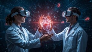 Realidade Virtual no ensino médico com modelo 3D do coração humano Realidade virtual aplicada ao ensino médico com visualização 3D do coração humano, tecnologia que transforma a educação em saúde e a aprendizagem anatômica. Médicos utilizando realidade virtual para estudar anatomia do coração humano em modelo 3D em ambiente de educação médica digital.