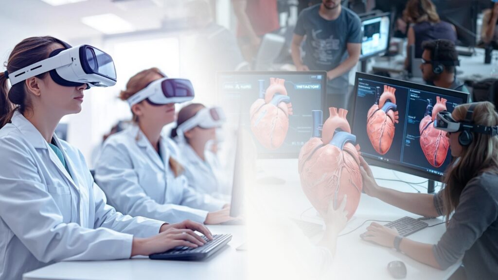 Tecnologia 3D e realidade virtual transformando o ensino de anatomia Realidade virtual e modelagem 3D aplicadas ao ensino médico permitem experiências imersivas de aprendizagem anatômica e simulação em educação em saúde. Estudantes utilizando realidade virtual para estudar anatomia do coração enquanto especialistas desenvolvem modelo anatômico 3D em plataforma de educação médica.
