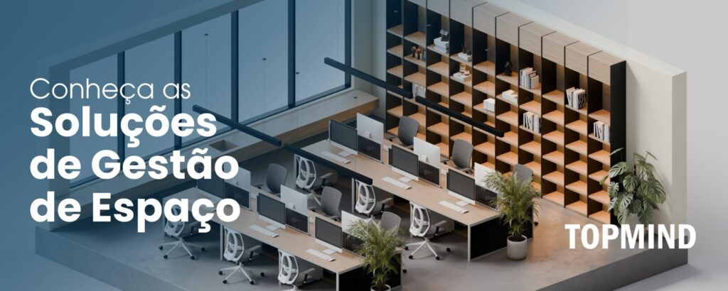 Tecnologia para gestão de espaços corporativos permite otimizar ocupação, reduzir custos operacionais e melhorar a experiência do colaborador no ambiente de trabalho.Ilustração de escritório corporativo inteligente com estações organizadas representando soluções de gestão de espaço e Smart Spaces.