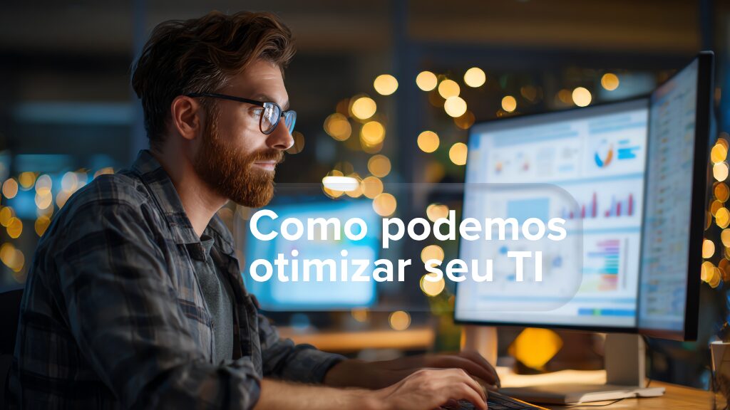 Profissional analisando dados em múltiplas telas com dashboards digitais, representando otimização da gestão de TI com inteligência artificial e automação.É o caminho para crescer com eficiência, inteligência e escala.